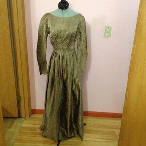 Vintage 1960s '60s Satin Damask Long-Sleeved Evening Gown